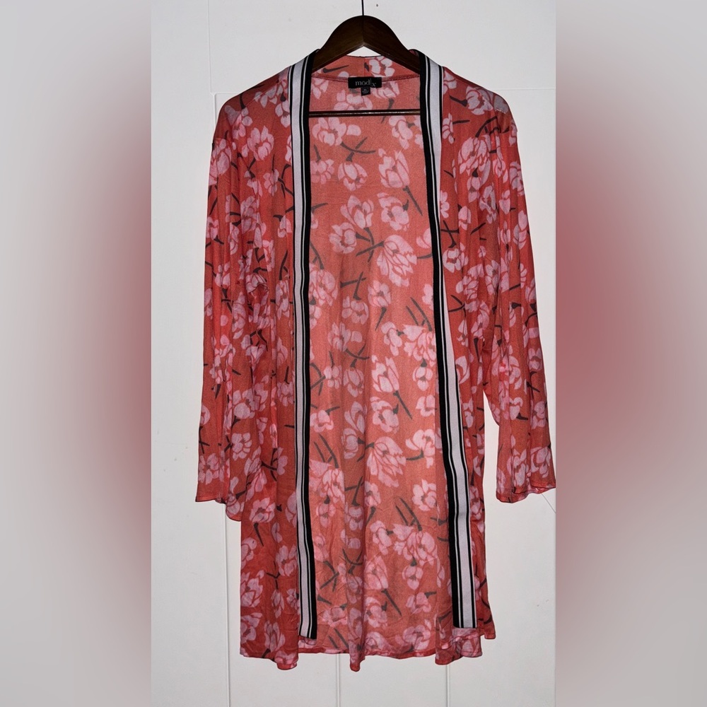 Mod X XL Floral Kimono Duster‎ Cardigan Coral Boho Open Front Lightweight